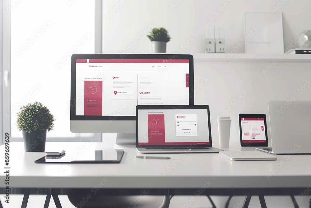 Poster a sleek white desk featuring modern laptops and tablets with bright app interfaces, perfect for show