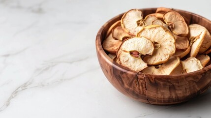 Dried apples in a wooden bowl on white background with space for text