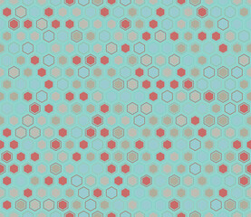 Geometric background. Hexagon mosaic cells with padding and inner solid cells. Honeycomb geometric shapes. Multiple tones color palette. Seamless pattern. Tileable vector illustration.