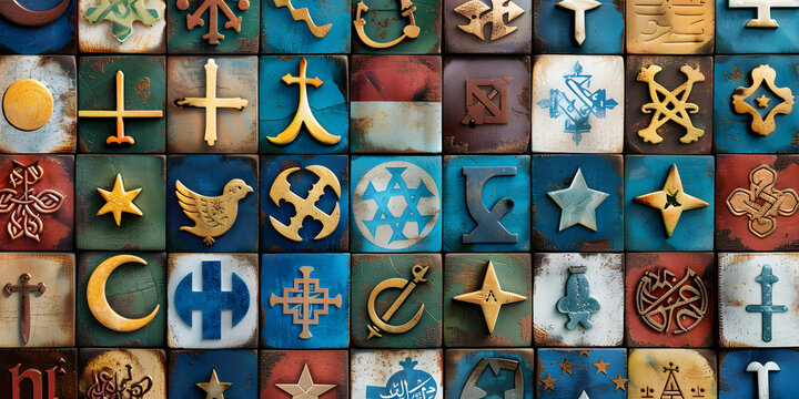 Padr&atilde;o Mosaico Colorido Representando Diferentes Religi&otilde;es do Mundo