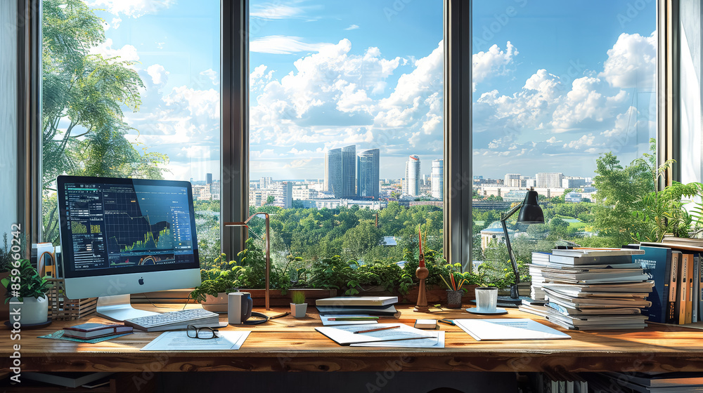 Poster a computer monitor sits on a desk in front of a window overlooking a city.