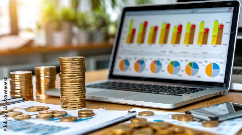 Poster laptop displaying financial data charts and graphs with stacks of coins, representing business, fina