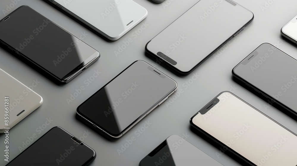 Leinwandbilder multiple smartphones arranged in various angles on a gray surface. great for showcasing mobile techn