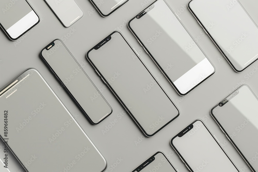 Poster several modern smartphones are arranged in various angles on a grey surface. generative ai
