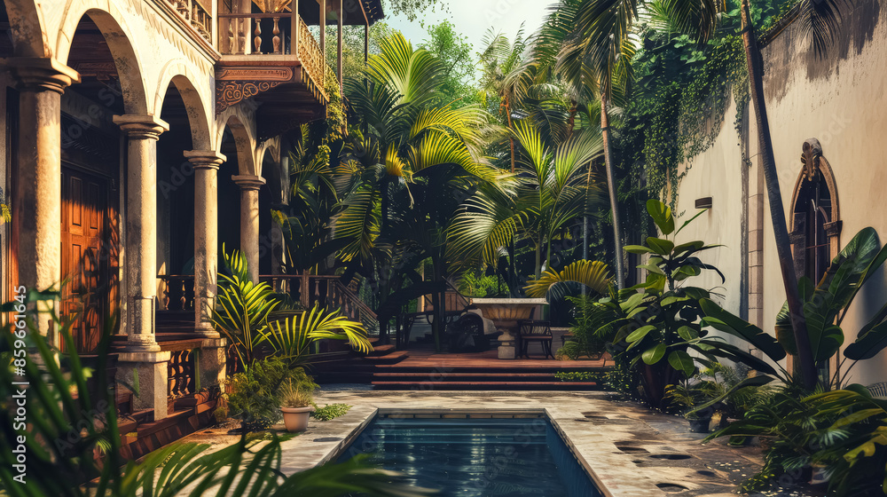 Poster a large pool with palm trees surrounding it.