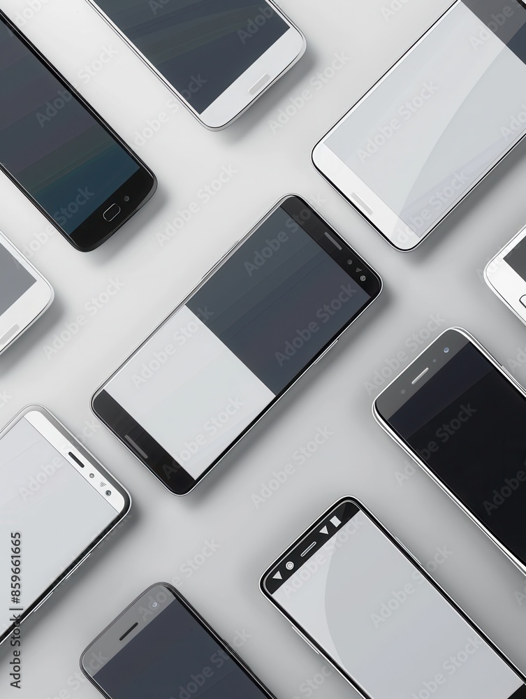 Poster several modern smartphones are arranged in different angles on a white background, showcasing their 