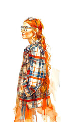 Detailed watercolor sketch of a woman with a long red braid, wearing two pairs of glasses and a plaid jacket, standing in profile. . Isolated on white background