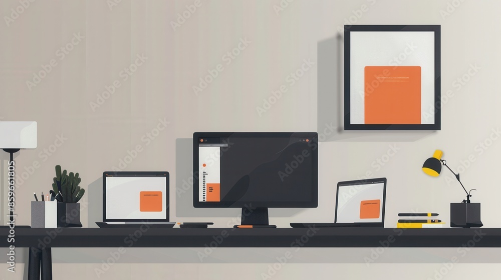 Poster a modern desk with a desktop computer, laptops, and tablets displaying vibrant apps and work process
