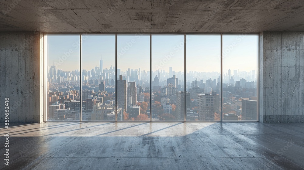 Poster background image of clear daylight view of modern skyline through large windows. window view of city
