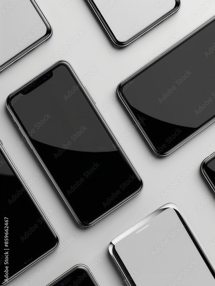 Poster a flat lay photo showcasing several modern smartphones, arranged in different angles on a white surf
