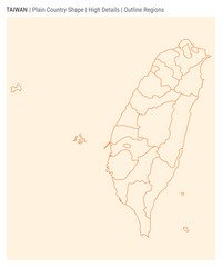 Taiwan plain country map. High Details. Outline Regions style. Shape of Taiwan. Vector illustration.