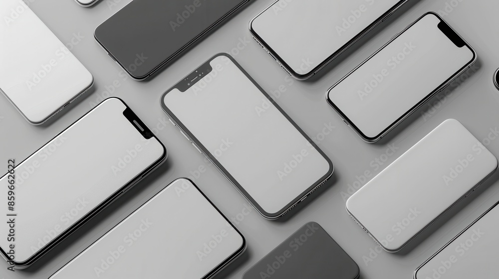 Aufkleber Modern smartphones in various angles on a gray surface, all facing forward with blank screens, creating a minimalist look. Generative AI