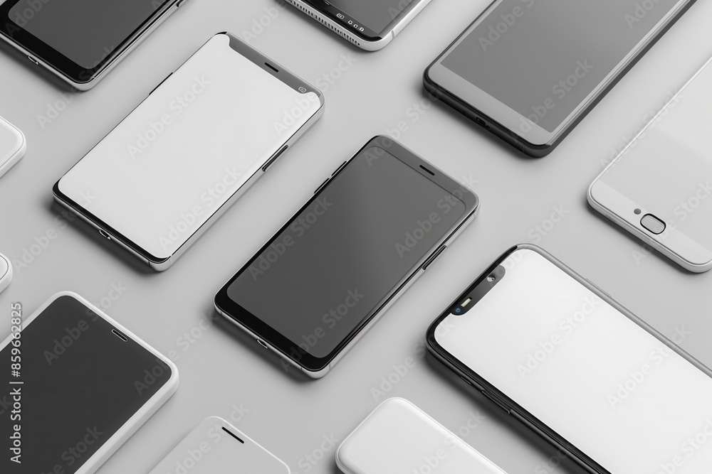 Leinwandbilder several modern smartphones are arranged at different angles on a grey surface. this image is perfect