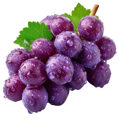 A cluster of plump, purple grapes covered in water droplets, with a green leaf at the top, sits on an isolated background.