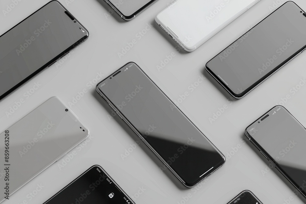 Fototapete A flat lay of several modern smartphones arranged at different angles on a gray surface. Generative AI