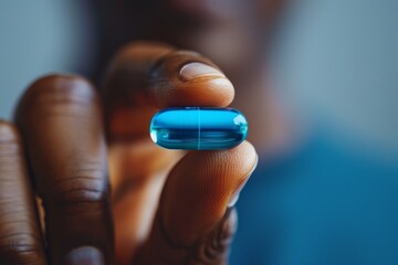 Close-Up of Hand Holding Blue Pill