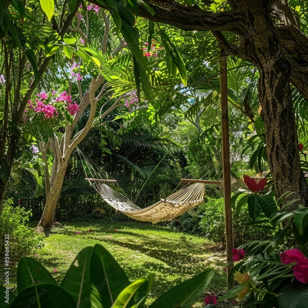 Canvas Prints A hammock is hanging from a tree in a lush green garden