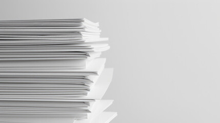 A tall stack of neatly folded papers sits against a plain white background, with the edges of the sheets clearly visible in the light.