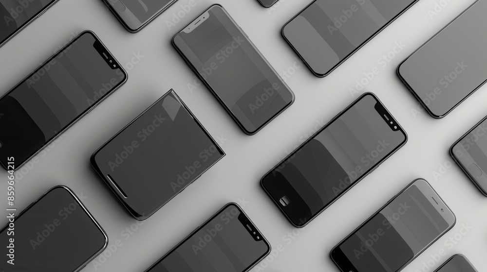 Poster a collection of contemporary smartphones arranged in various angles on a white background. generativ