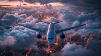 Naklejka premium Flying airplane above the clouds and city lights. Evening city landscape. View from above