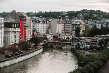 Facades of buildings in the town of Lourdes in France