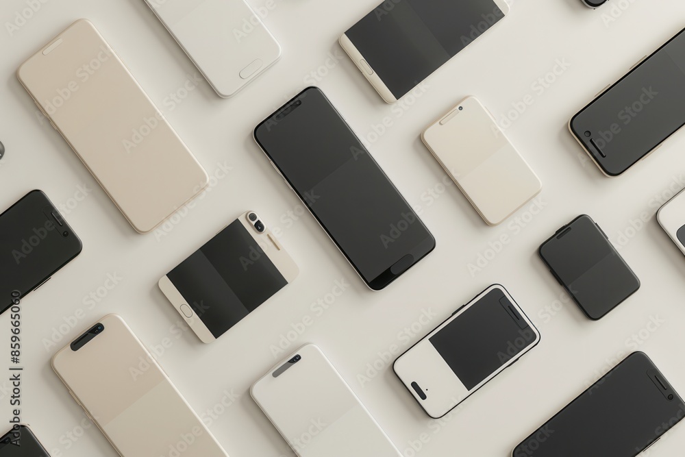 Fototapete several modern smartphones are arranged in different angles on a white surface. this image is perfec