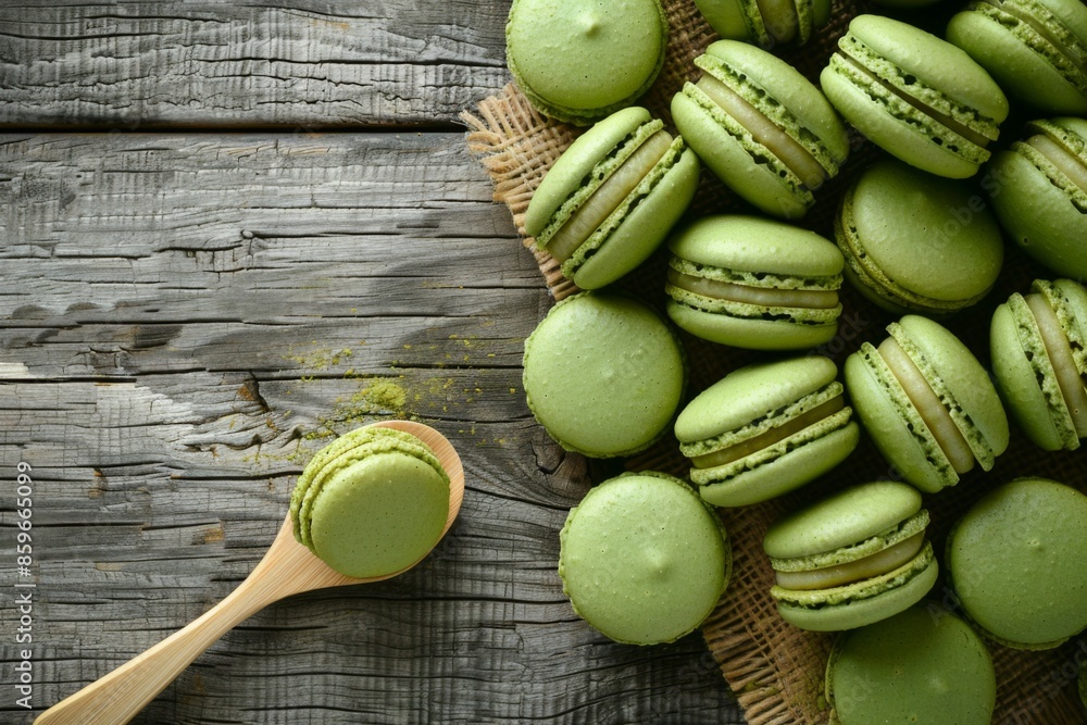 Sticker Green Tea Macarons on Rustic Wooden Table