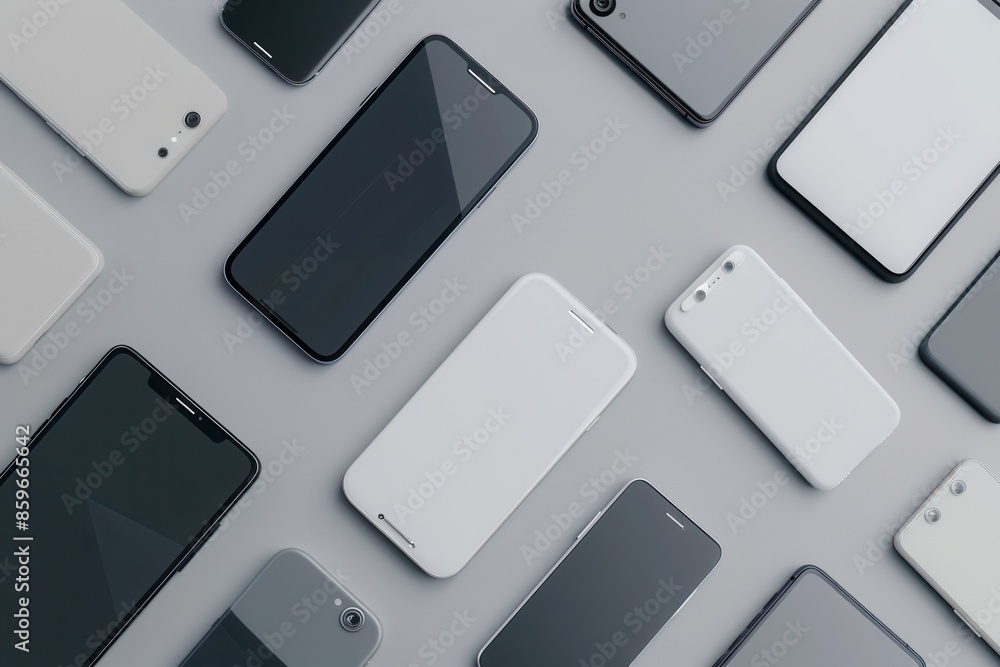 Leinwandbilder multiple modern smartphones are arranged in various angles on a grey background, providing a backdro