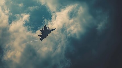 A jet aircraft soars through the expansive sky, searching for a target, set against a cinematic scene.