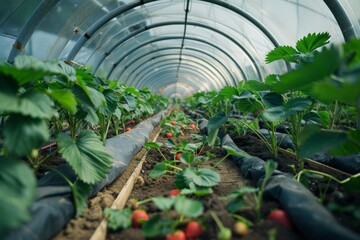 Strawberries are grown in greenhouses in the southern Italian region of Basilicata to help with commercial and agricultural concepts.