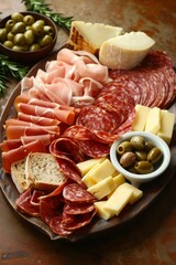 Deli meat olive and croutons as seen from above.