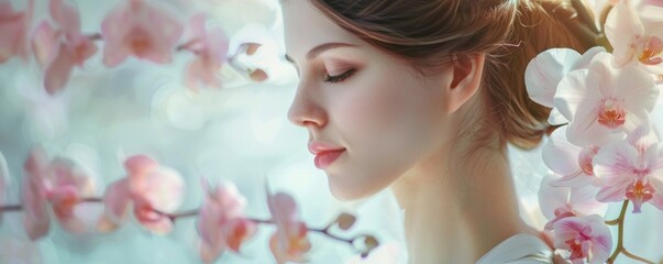Fototapeta premium A serene close-up portrait of a beautiful young woman with closed eyes, surrounded by soft-focus flowers and warm, ethereal light. 