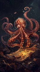 A menacing octopus stealing a pirate's treasure map. ,Dark Color light ,vectorline design , illustration , Mobile Wallpaper