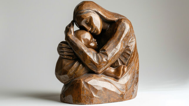 A wooden sculpture of a woman tenderly holding a child, captured in a loving embrace, with smooth, flowing lines and a peaceful expression.