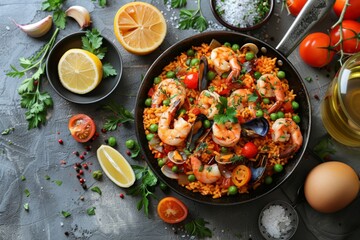 Seafood Paella with Lemon and Tomatoes