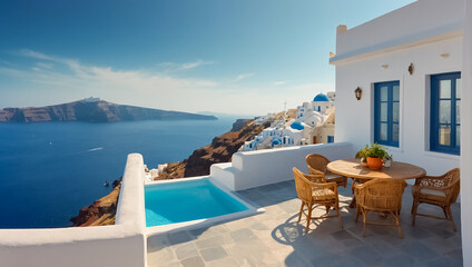 Fototapeta premium Beautiful balcony Santorini Greece, sunny day resort