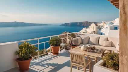 Fototapeta premium Beautiful balcony Santorini Greece, sunny day vacation