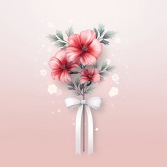 Obraz premium Elegant White Ribbon Tied Around a Bouquet of Pink Flowers on a Pink Background