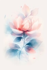Delicate Watercolor Painting of a Single Pink Flower With Blue Leaves
