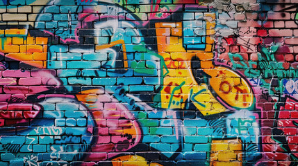 Obraz premium A colorful brick wall features vibrant graffiti art with shades of orange, blue, pink, and green, filled with various shapes and patterns.