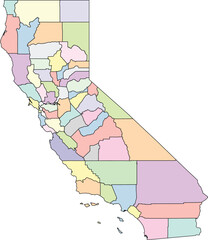 Editable vector file of the counties that make up the state of California, located in the United States.