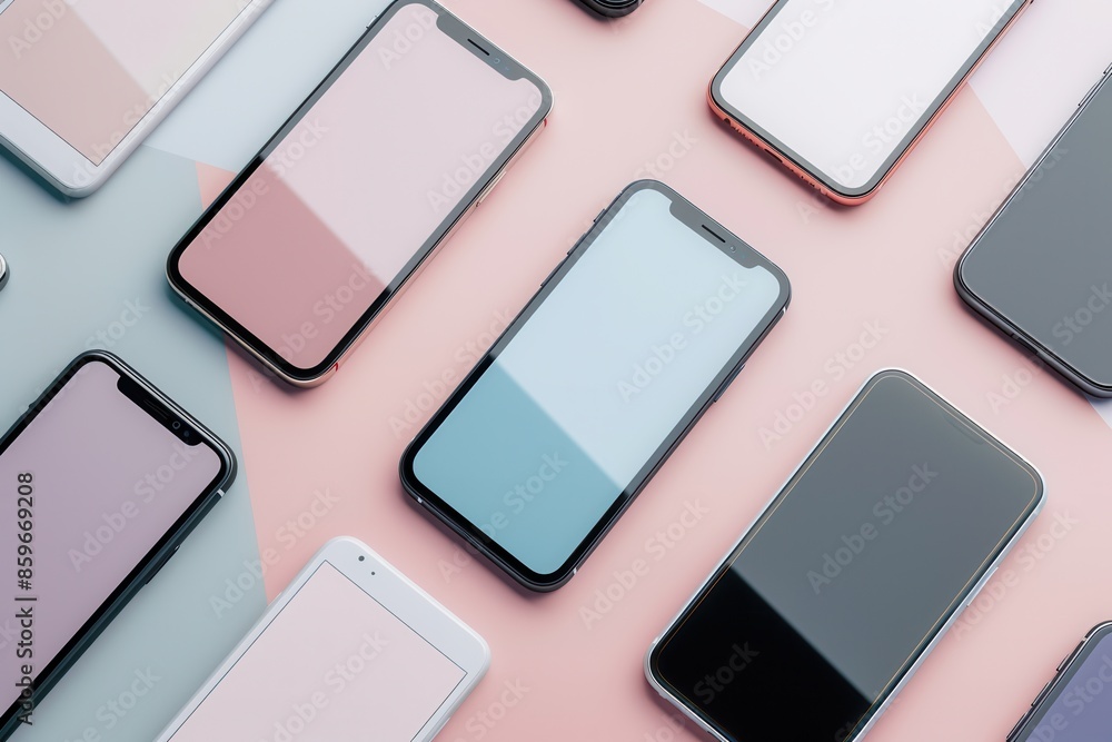 Aufkleber a flat lay of several smartphones arranged at different angles on a pink and blue surface. generativ