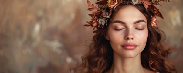 Fototapeta premium A close-up portrait of a woman with her eyes closed, wearing a floral crown. The background is a soft, blurred mix of colors, highlighting her peaceful expression and natural beauty.
