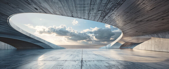 Modern concrete building interior, abstract futuristic surreal construction for background. Theme of future, hall, garage, minimalist design, sky