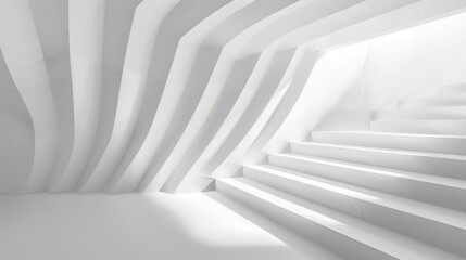 A white empty geometric room with white walls and white stairs