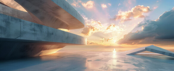 Modern concrete building exterior at sunset, abstract futuristic surreal construction for background. Theme of future, parking, minimalist design, sky, structure