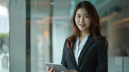 Obraz premium An Asian businesswoman in a business suit holding a tablet