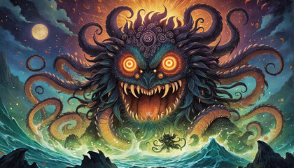 Obraz premium Illustrative depiction of a mythical sea monster that makes the oceans unsafe and is told in old sailor’s tales
