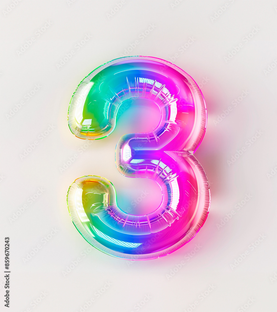 Fototapete ai generated photo with inflatable multicolored neon number 3. minimalistic balloon isolated on a wh