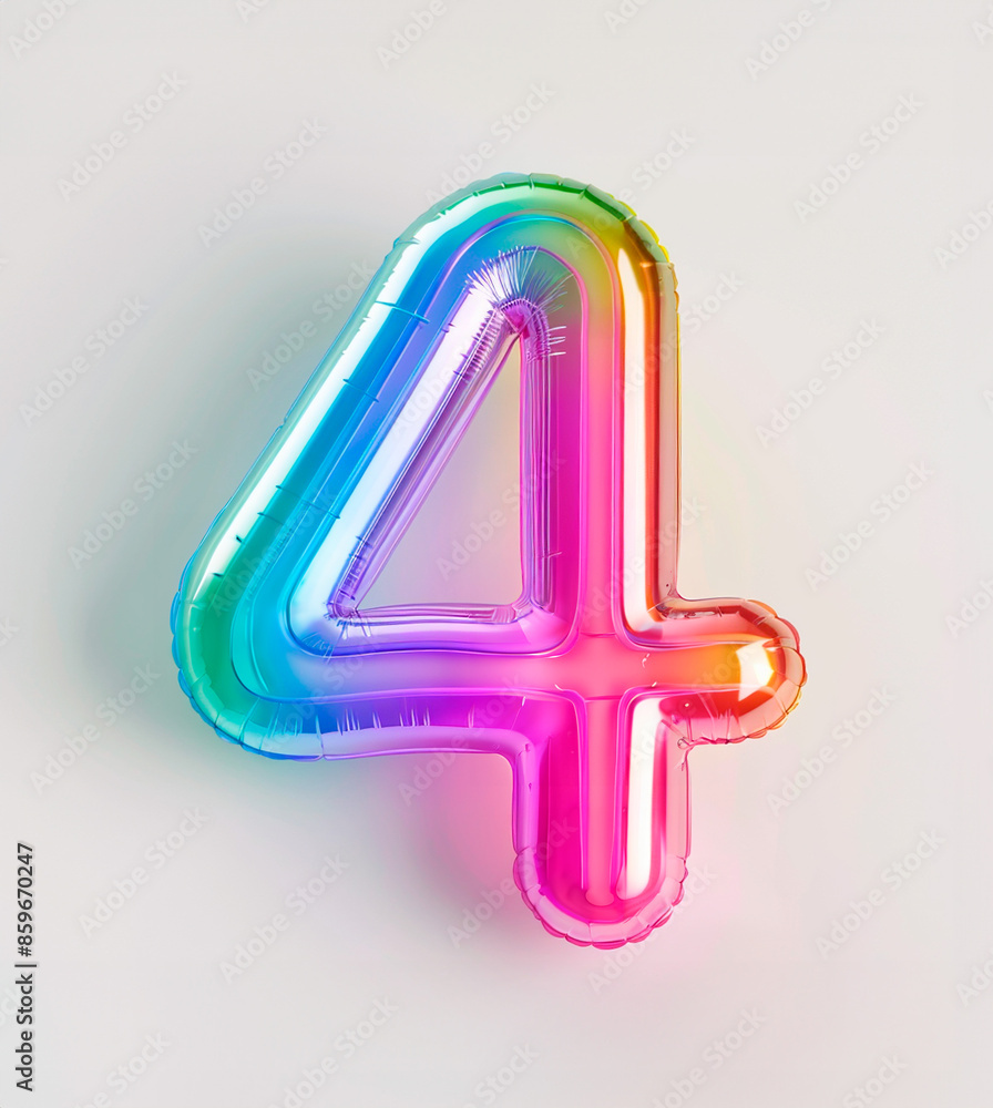 Fototapete AI generated photo with inflatable multicolored neon number 4. Minimalistic balloon isolated on a white background